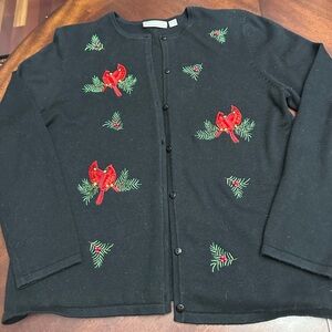 Christmas Holiday Red Sequin Embellished Cardinals Birds Black Cardigan Sweater
